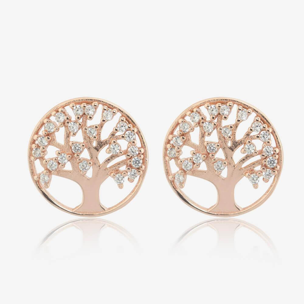 Sterling Silver Life's Tree Stud Earrings With Rose Gold Finish