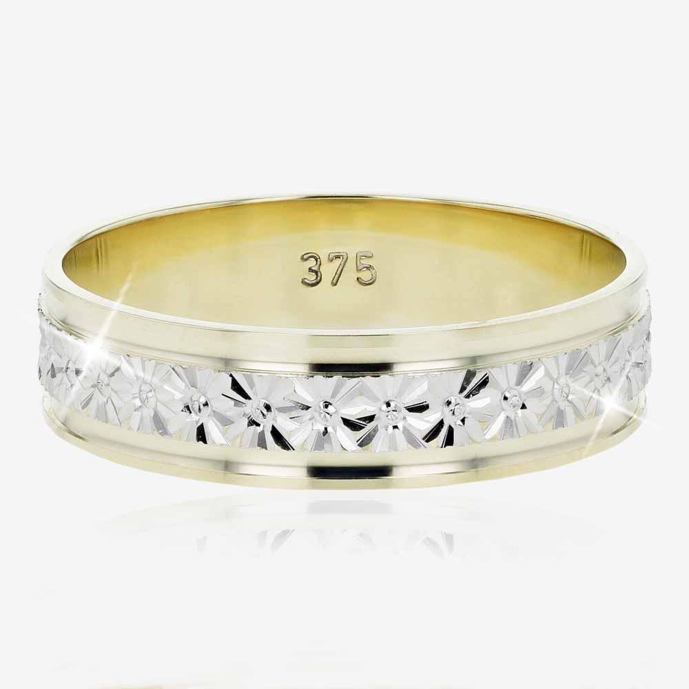  9ct  Gold  Ladies  2 Colour Patterned Wedding  Ring 