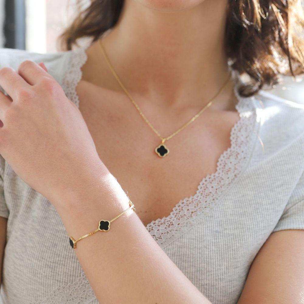 Real Onyx Friendship Bracelet, 4 Leaf Clover | Warren James