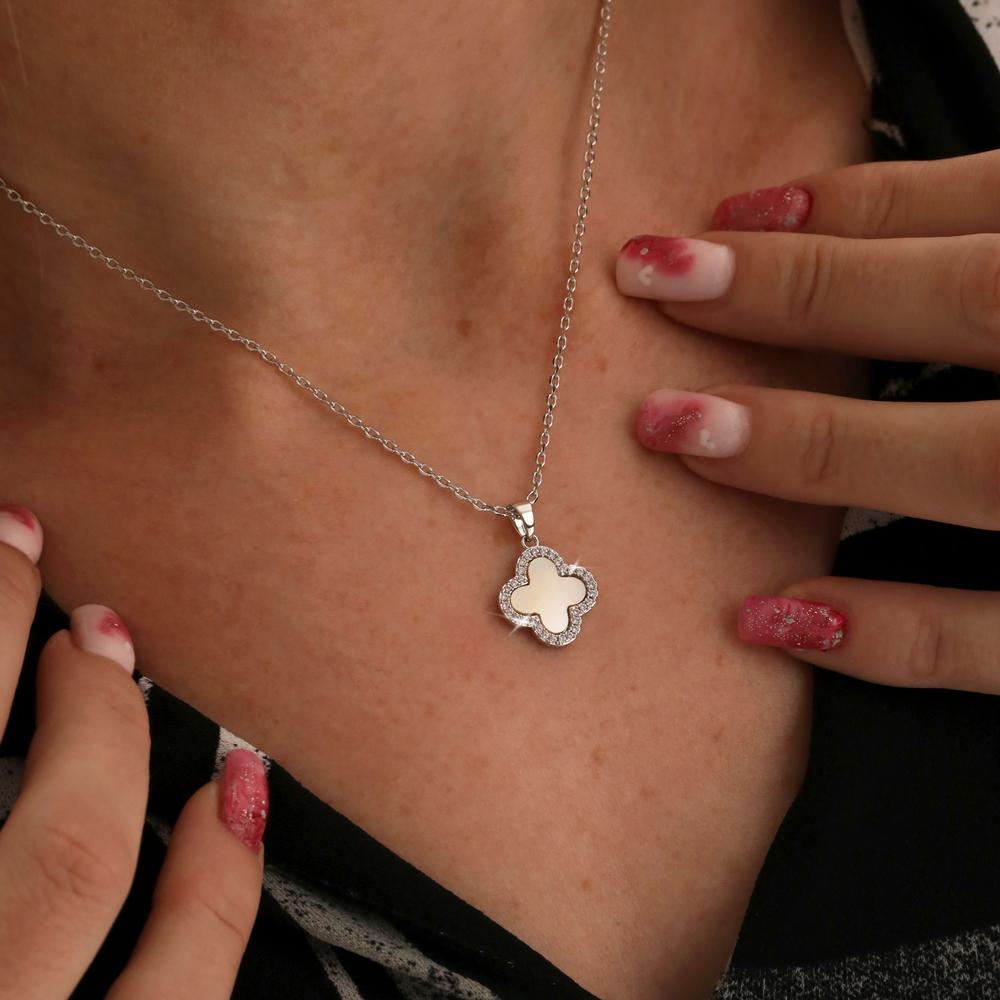 Mother Of Pearl And DiamonFlash CZ Leaf Clover Necklace Warren