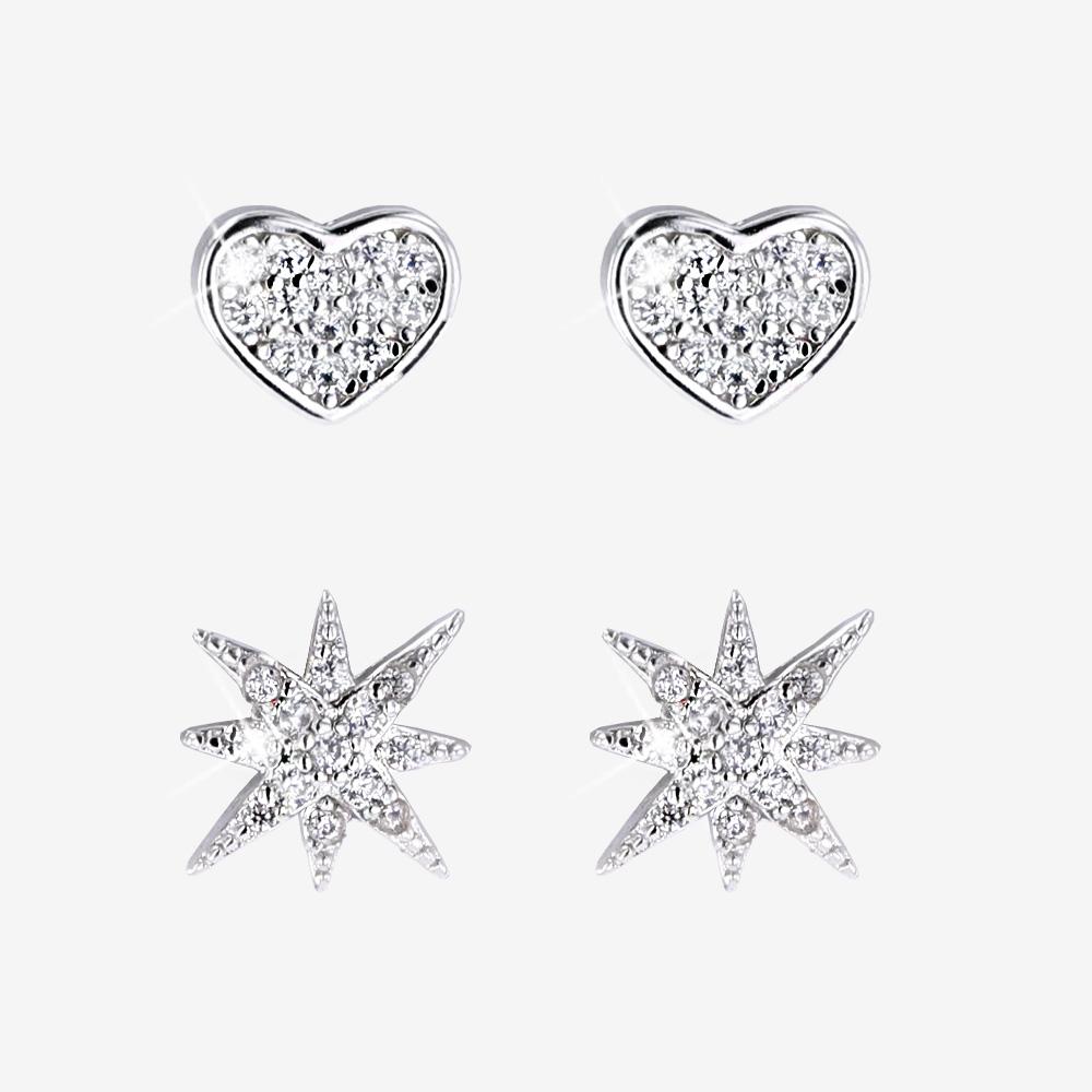 Silver Earrings Set Of 2 Pairs Hearts And Stars
