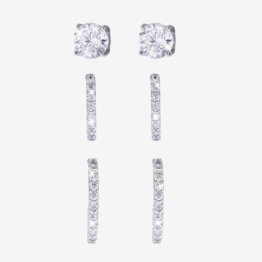 Silver Earrings, Set Of 3 Pairs, Bands + Round