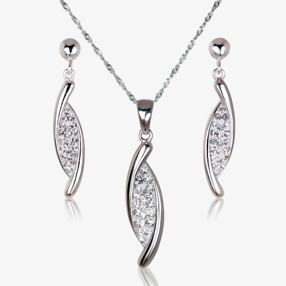Lydia Real Silver Crystal Drop Necklace & Earring Set at Warren James