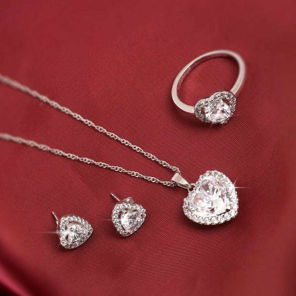 Silver Heart Necklace, Earrings and Ring Set Warren James