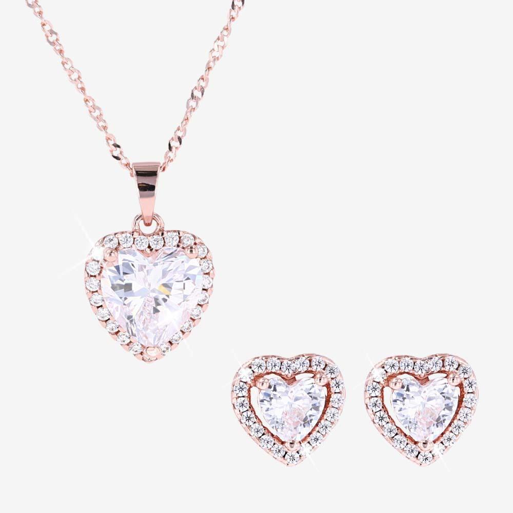 Silver Rose Gold Finish Heart Necklace And Earrings Set | Warren James