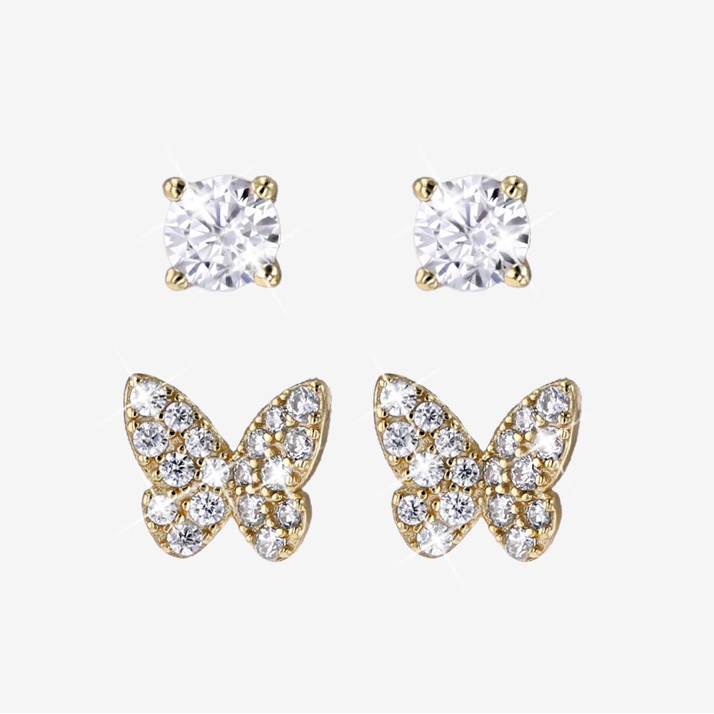 18ct Gold On Sterling Silver Set Of 2 Earrings, Butterfly + Round