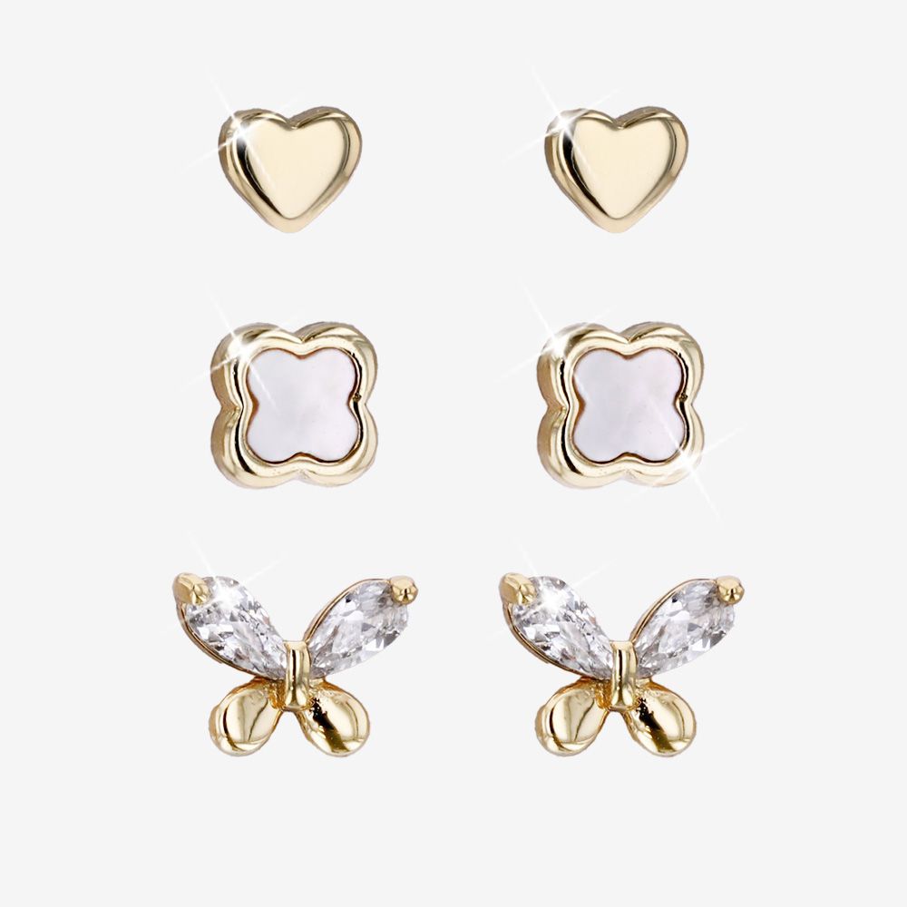 18ct Gold On Sterling Silver Set Of 3 Earrings Heart, Butterfly, Clover