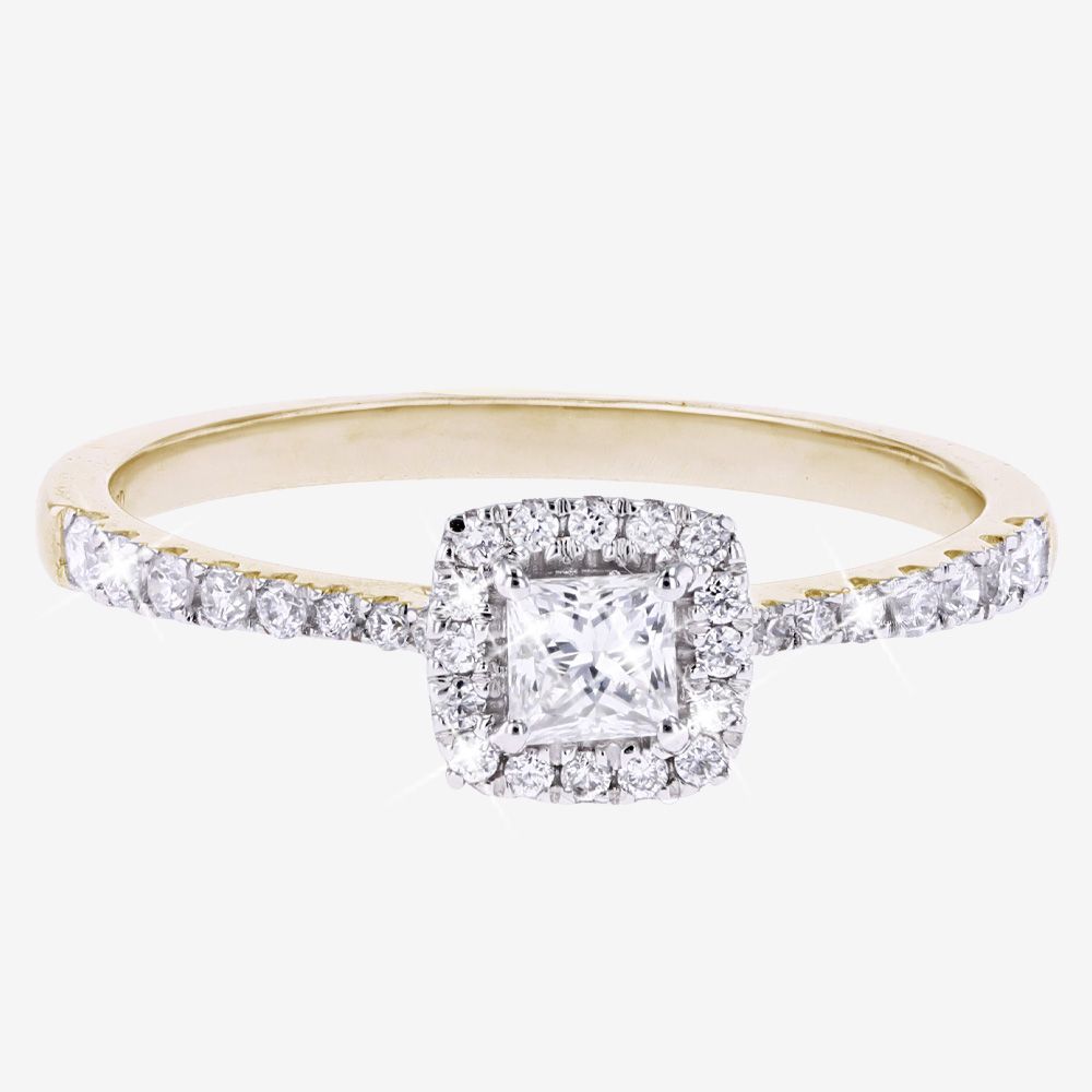 9ct Gold Real Diamond Lab-Grown Princess Cluster Ring .50ct