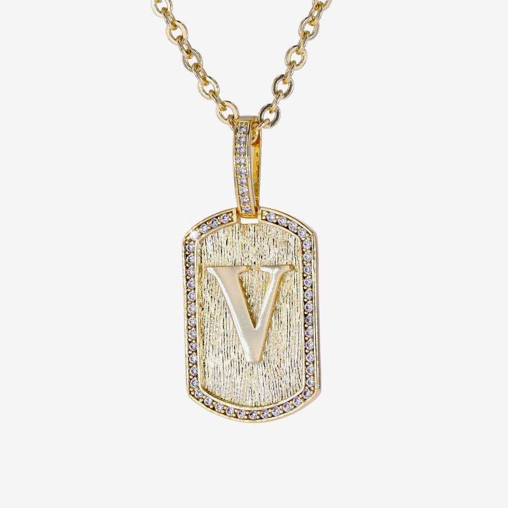 Mens Iced Tag Pendant & Chain Initial V