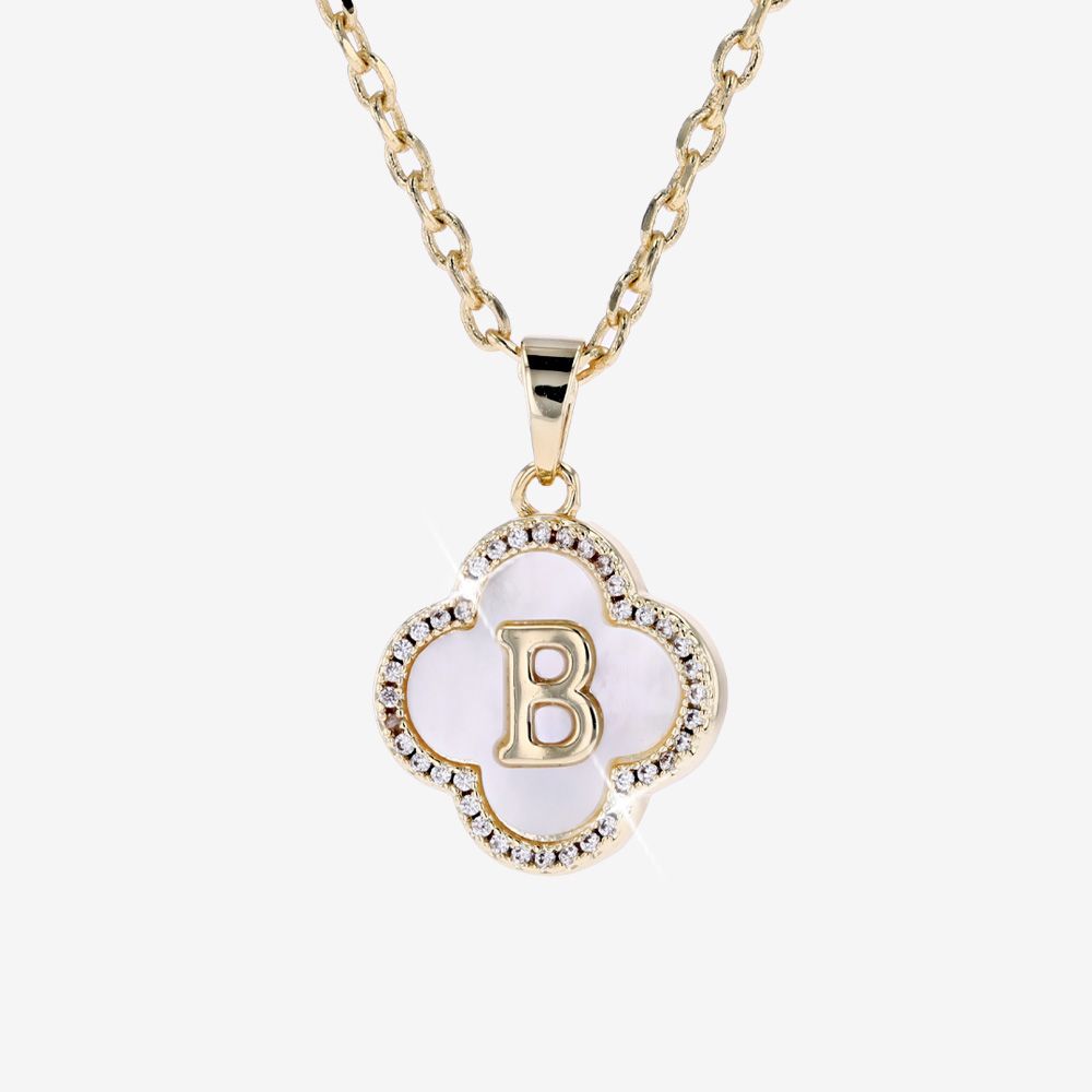 Real Mother Of Pearl Initial B Clover Necklace