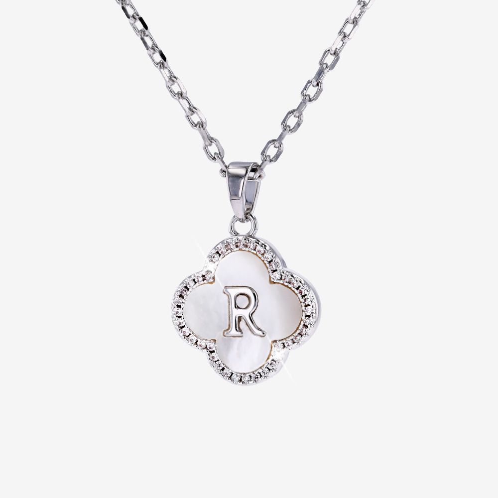 Real Mother Of Pearl Clover Initial R Necklace