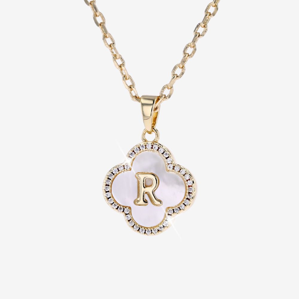 Real Mother Of Pearl Initial R Clover Necklace
