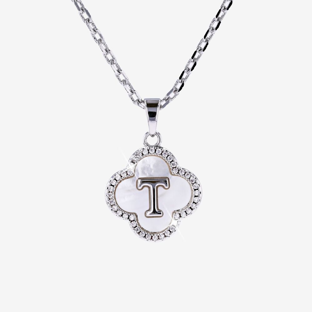 Real Mother Of Pearl Clover Initial T Necklace