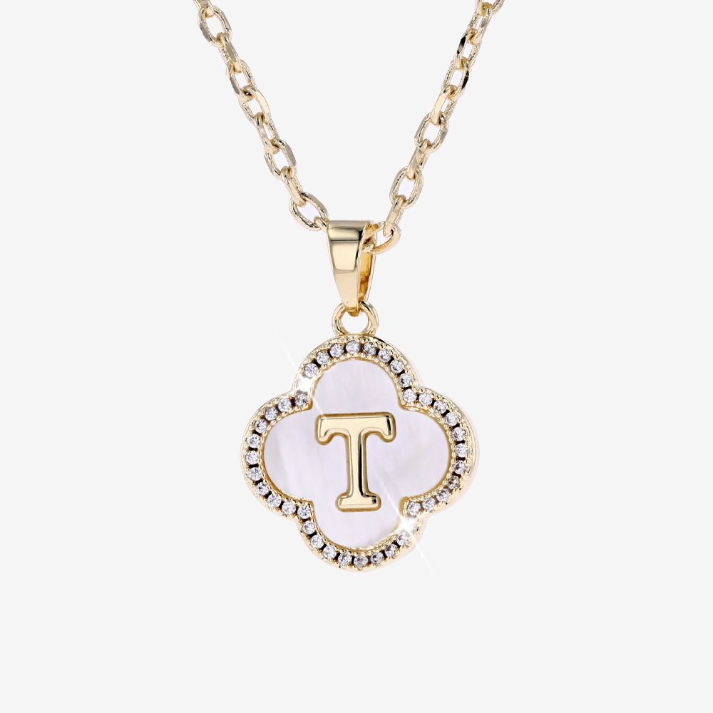 Real Mother Of Pearl Initial T Clover Necklace