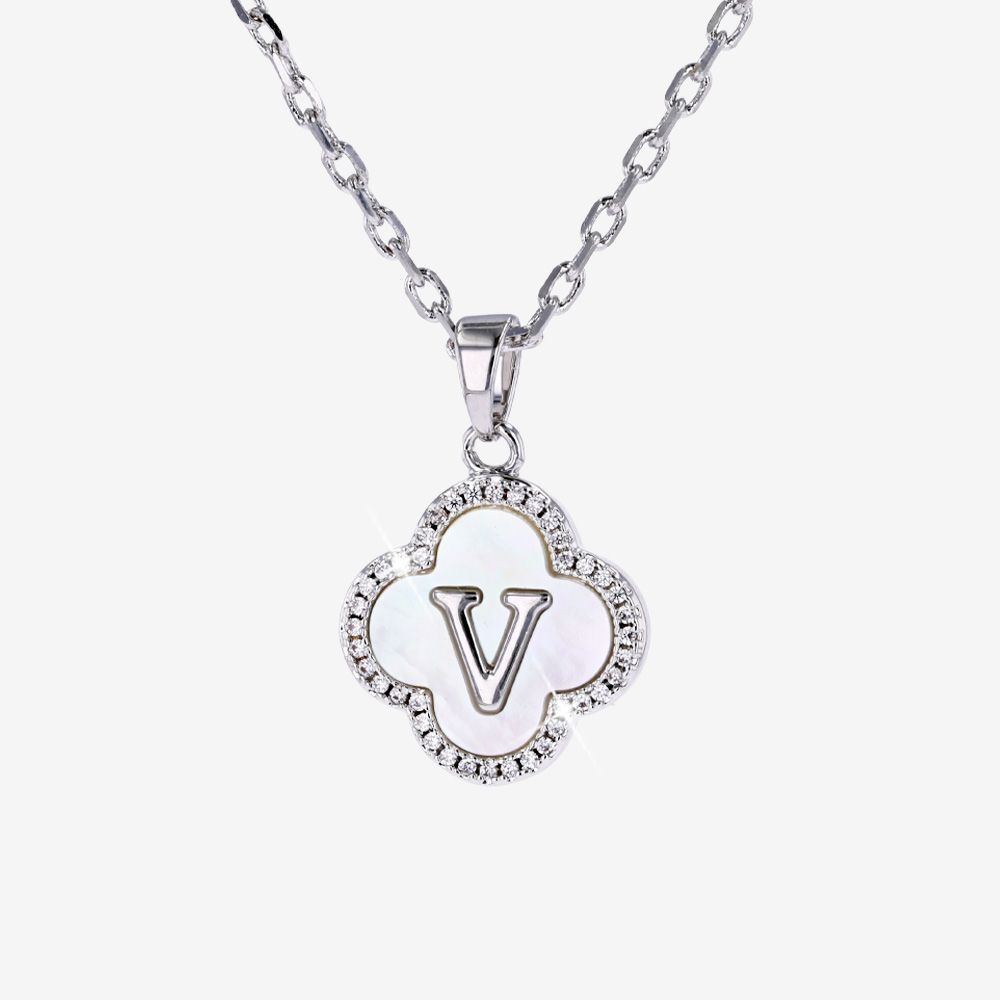 Real Mother Of Pearl Clover Initial V Necklace