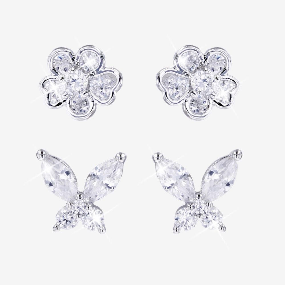 Set Of 2 Earrings, Butterfly And Flower