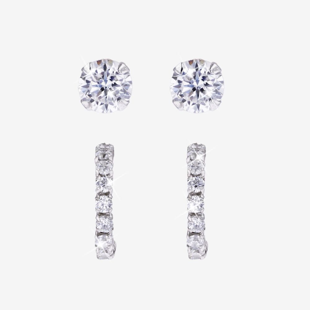 Sterling Silver Earrings, Set Of 2 Pairs, Band + Round