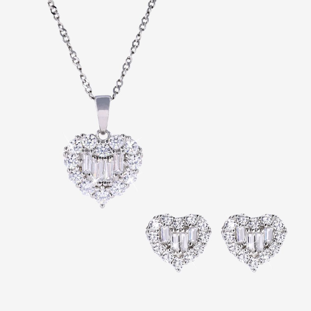 Sterling Silver Baguette Heart Necklace And Earrings Set