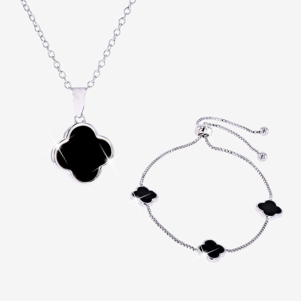 Real Onyx 4 Leaf Clover Necklace And Bracelet Set