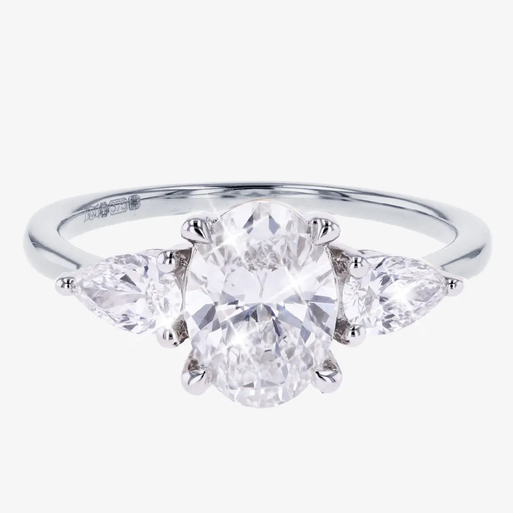 9ct White Gold Real Diamond Lab-Grown 3 Stone Ring, Oval + Pear