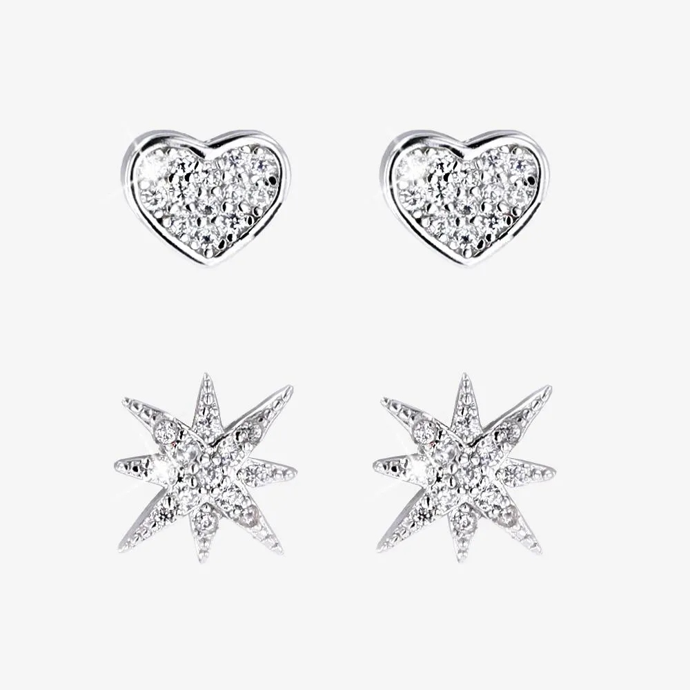 Silver Earrings Set Of 2 Pairs Hearts And Stars | Warren James